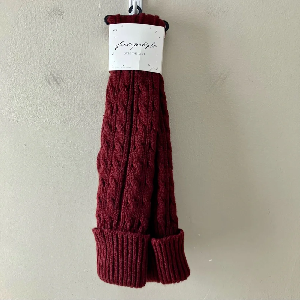 FREE PEOPLE Burgundy Cable Knit Over the Knee Socks
